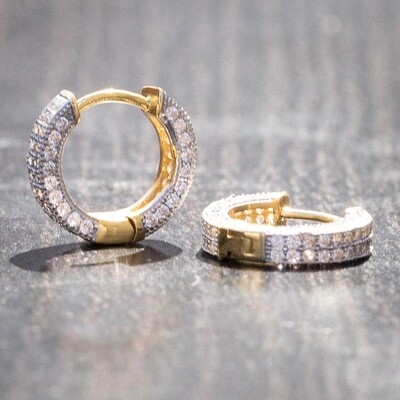 Mens Small Two Tone Gold Plated Ice Out Hoop Earrings