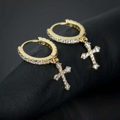Small 14K Gold Iced Cross Dangle Huggie Hoop Earrings