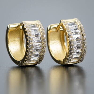 Men's Iced Cz 14K Gold Plated Thick Baguette Hoop Huggie Earrings
