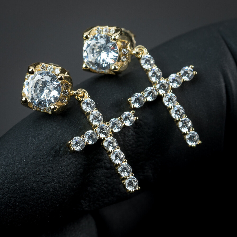 Mens Round Screw Back Gold Plated Stud Cross Dangle Earrings