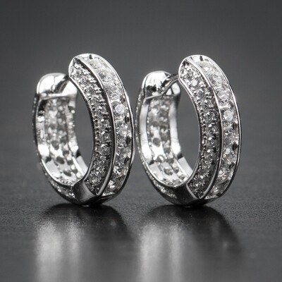 Fully Iced Small White Gold Plated Sterling Silver Post Huggie Hoop Earrings