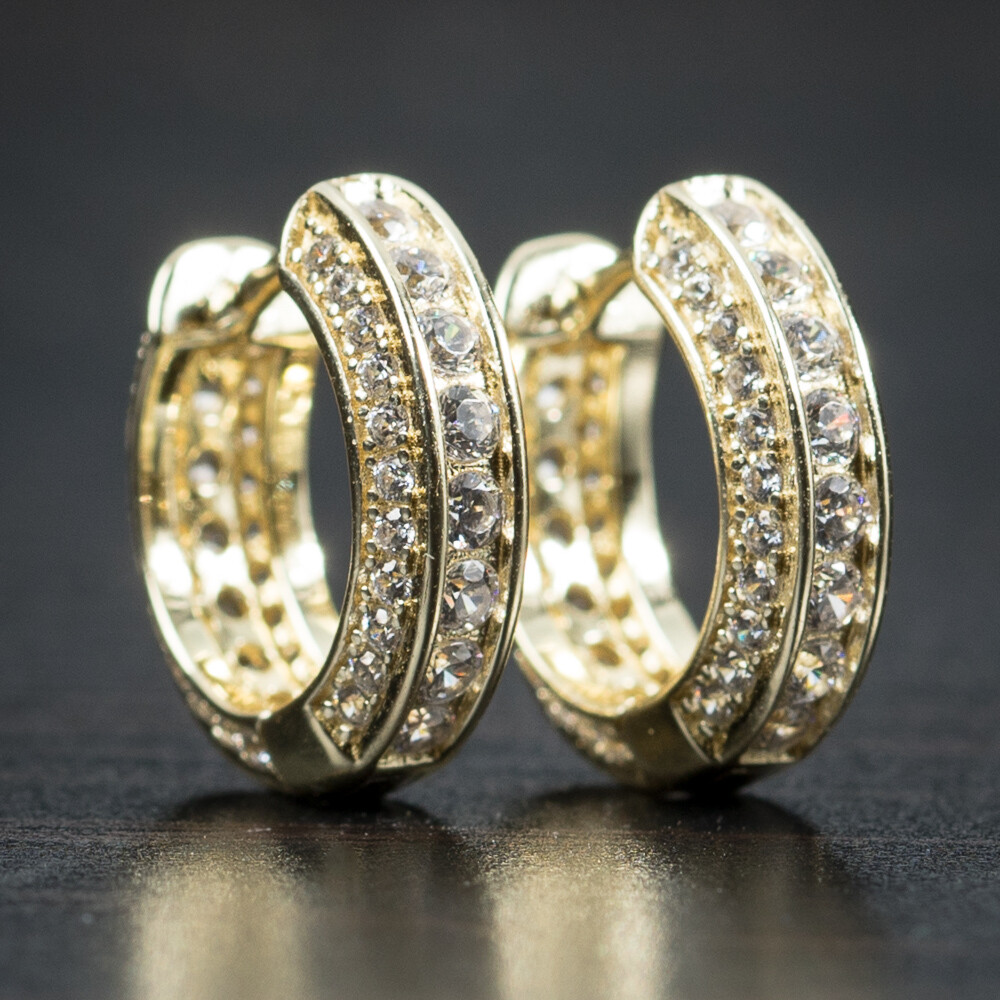 Mens Fully Iced Yellow Gold Plated 5A Cz 925 Sterling Silver Post Small Hoop Earrings
