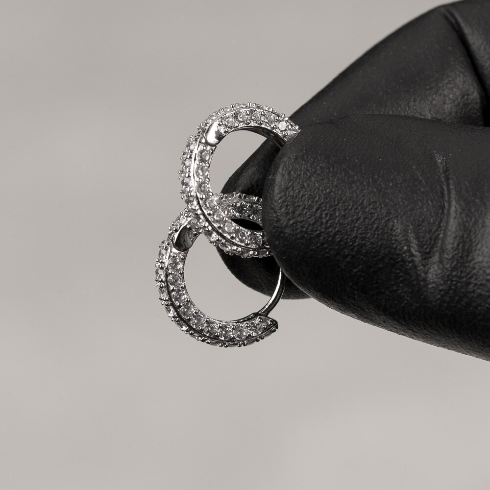 Thin Fully Iced Men's 3D Small  White Gold Plated 925 Sterling Silver Post Cz Hoop Earrings
