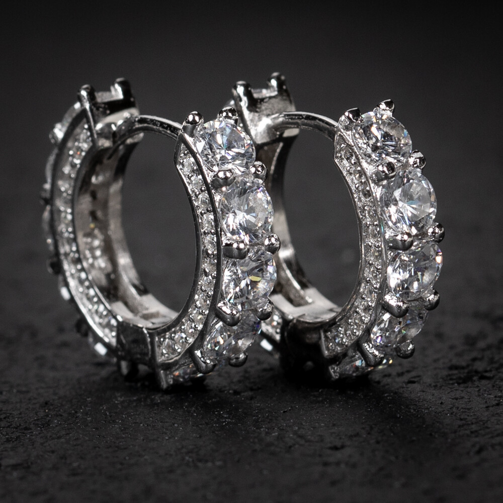 Big Stone Fully Iced CZ White Gold PlatedcSterling Silver Post Hoop Earrings