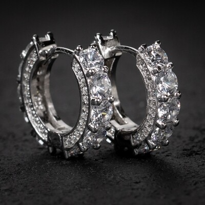 Big Stone Fully Iced CZ White Gold PlatedcSterling Silver Post Hoop Earrings