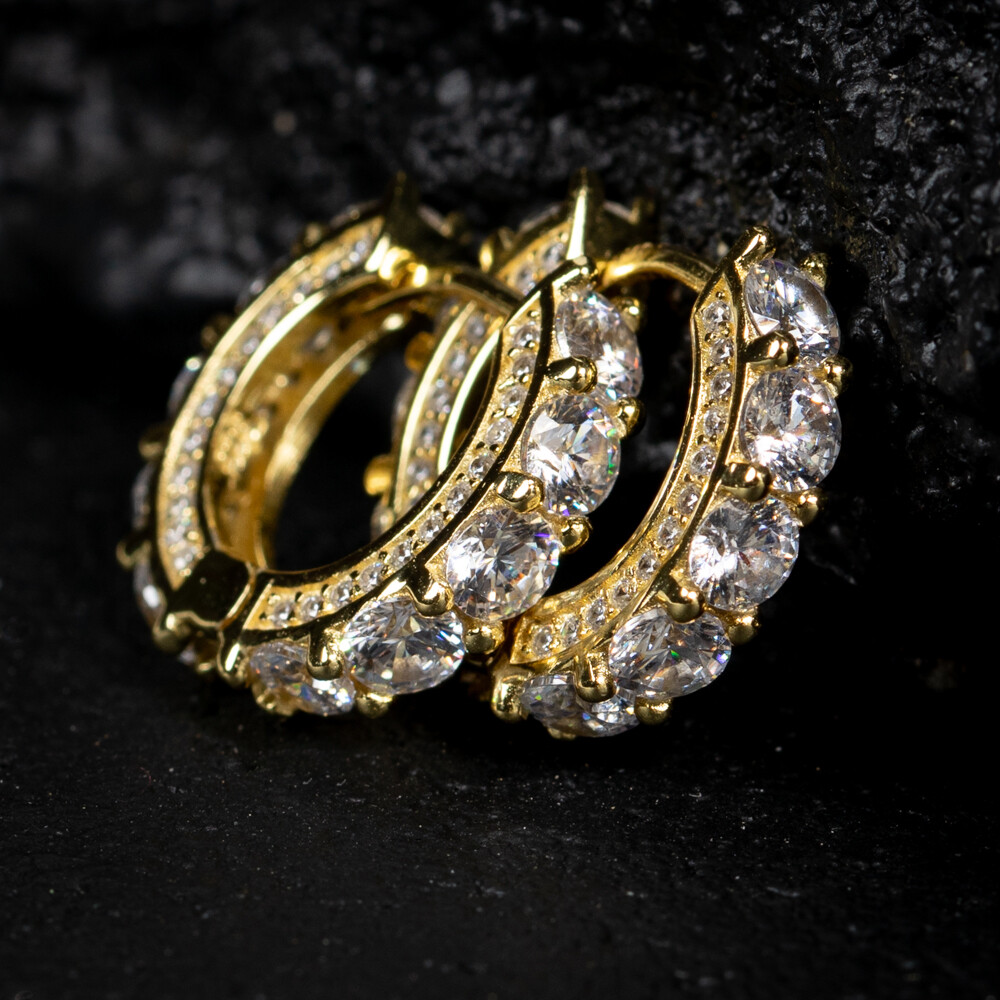 Fully Iced Yellow Gold Plated Sterling Silver Post Big Stone Hoop Earrings