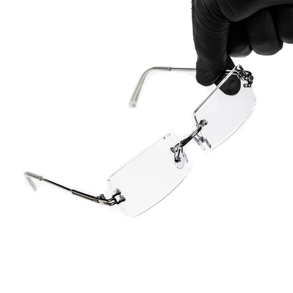 Mens Luxury Rectangle Rimless Silver Clear Tint Glasses