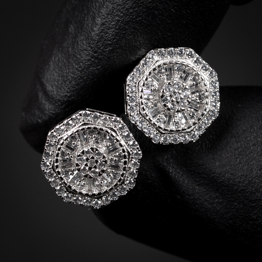 Men's White Gold Plated 925 Sterling Silver Screw Back Post Iced Cz Octagonal Stud Earrings