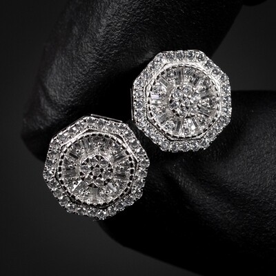 Men's White Gold Plated 925 Sterling Silver Screw Back Post Iced Cz Octagonal Stud Earrings