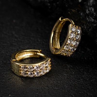 Yellow Gold Plated Sterling Silver Post Two Row Iced Cz Hoop Earrings