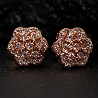 Large Rose Gold 925 Sterling Silver Flower Cluster Stud Screw Back Earrings