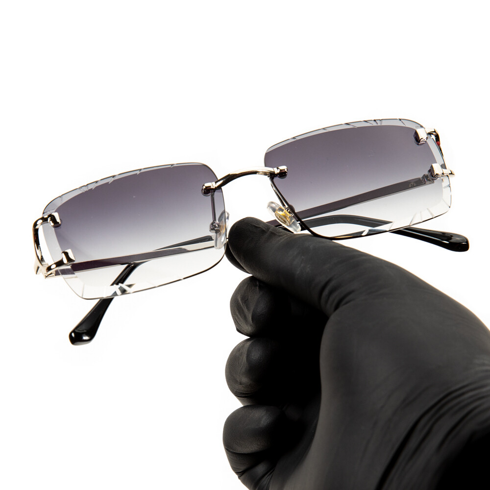 Men's Women's Purple Smoke Gray Tint Silver Frame Hip Hop Gem Cut Rimless Sunglasses