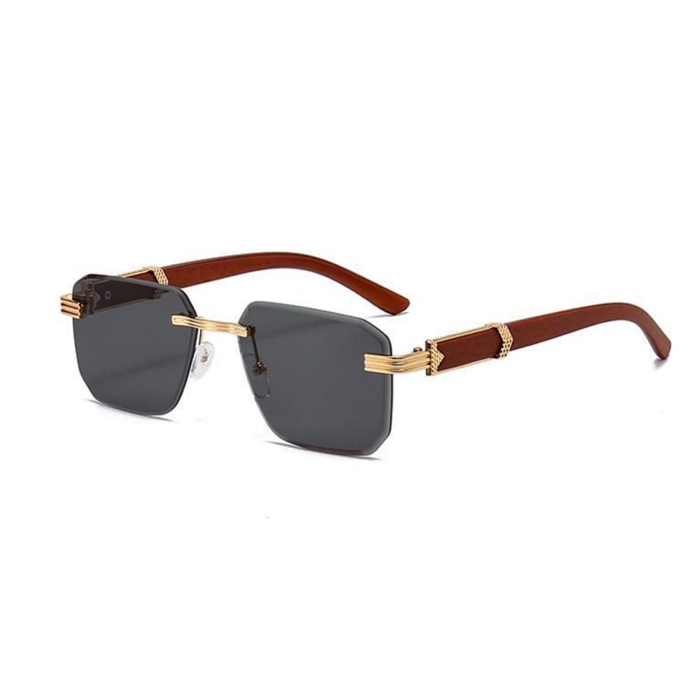 Men's Rimless Gold Frame Black Gradient Tint Hip Hop Woodgrain Sunglasses