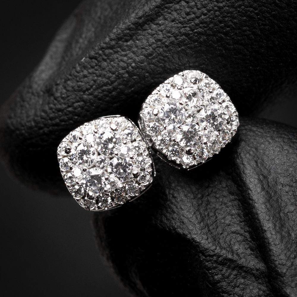 Small 3D Square White Gold 925 Sterling Silver Screw Back Post Cube Shape Cluster Stud Earrings