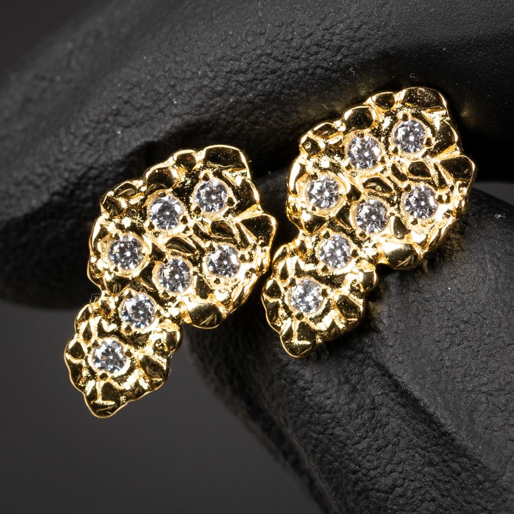 Men's Iced Yellow Gold 925 Sterling Silver Screw Back Post Diamond Cut Nugget Hip Hop Stud Earrings
