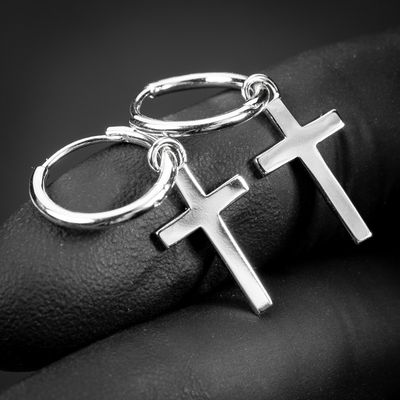 Men's White Gold Plated Dangle Cross Huggie Hanging Hoop Earrings
