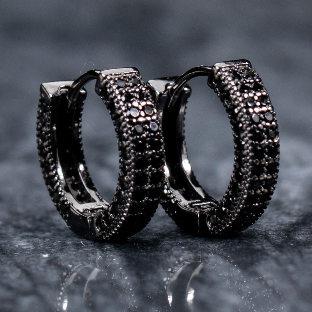 Elegant Black Plated 925 Sterling Silver Fully Iced Black Onyx 5A Cz Cubic Zirconia Huggie Hoop Earrings