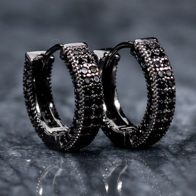 Elegant Black Plated 925 Sterling Silver Fully Iced Black Onyx 5A Cz Cubic Zirconia Huggie Hoop Earrings