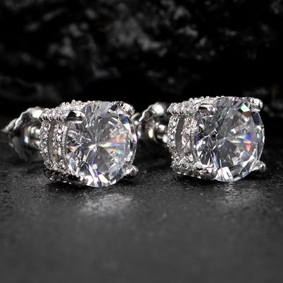 Fully Iced Round Solitaire 925 Sterling Silver Circle Stud Screw Back Earrings