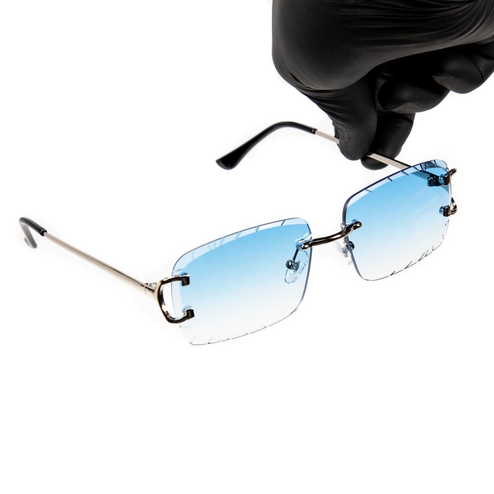 Men's Women's Sky Blue Tint Silver Frame Hip Hop Gem Cut Rimless Sunglasses
