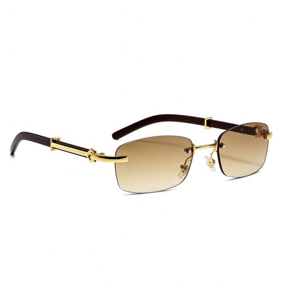 Rectangle Rimless Gold Frame Woodgrain Men Women's Brown Tint Hip Hop Sunglasses