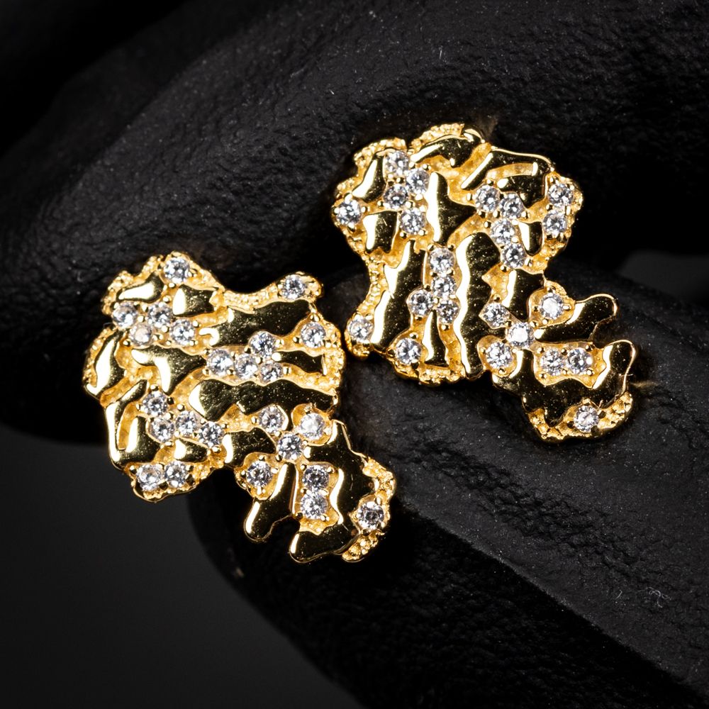 Men's Iced Yellow Gold Plated Diamond Cut Nugget Hip Hop Stud Screw Back Earrings