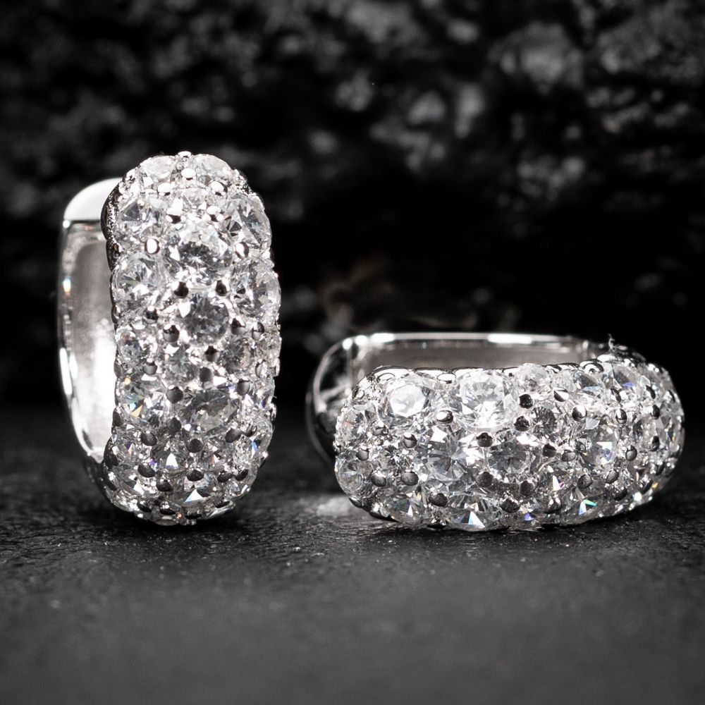 White Gold Plated Iced Cz Mosaic Honey Comb Flower Set Hoop Earrings