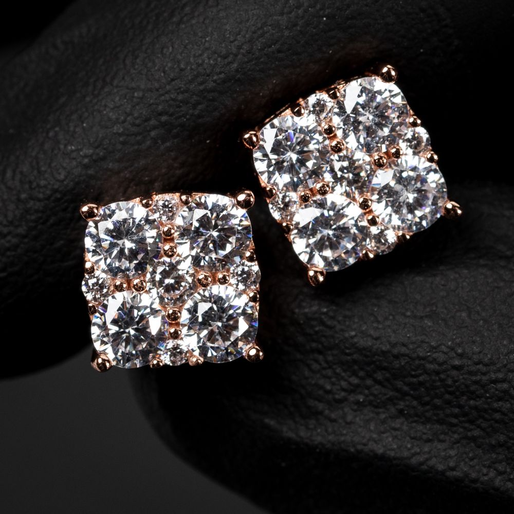 Rose Gold Plated Sterling Silver Square Flower Cluster Stud Screw Back Earrings