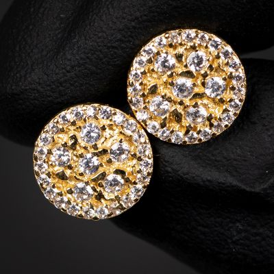 Circle Iced Yellow Gold 925 Sterling Silver Screw Back Post Diamond Cut Round Nugget Stud Earrings