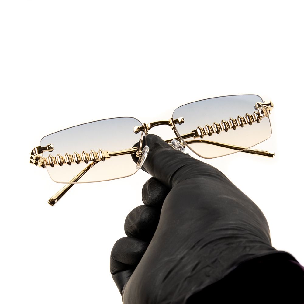 Men's Rimless Spiked Wire Gold Frame Grey &amp; Tan Gradient Tint Hip Hop Sunglasses
