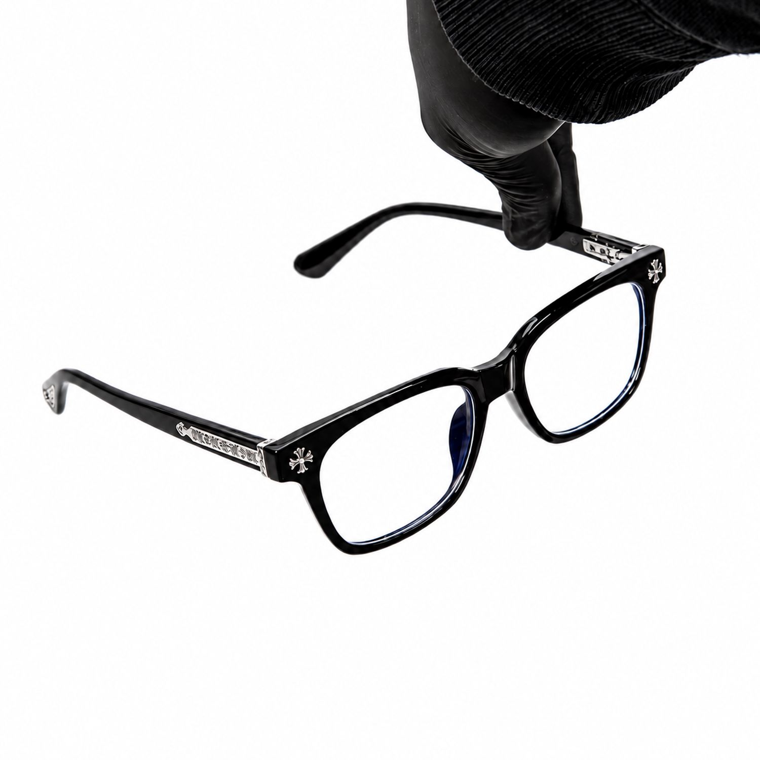 Classic Mens Clear Lens Fashion Non-prescription Black Silver Plated Metal Cross Eyeglasses