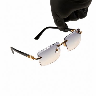 Mens Gold Frame Gray And Tan Tint Rimless Gem Cut Square Black Composite Sunglasses