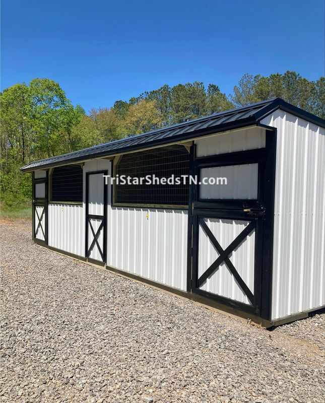 10x30 TWO STALL BARN. Center Feed Room, Horse Panels