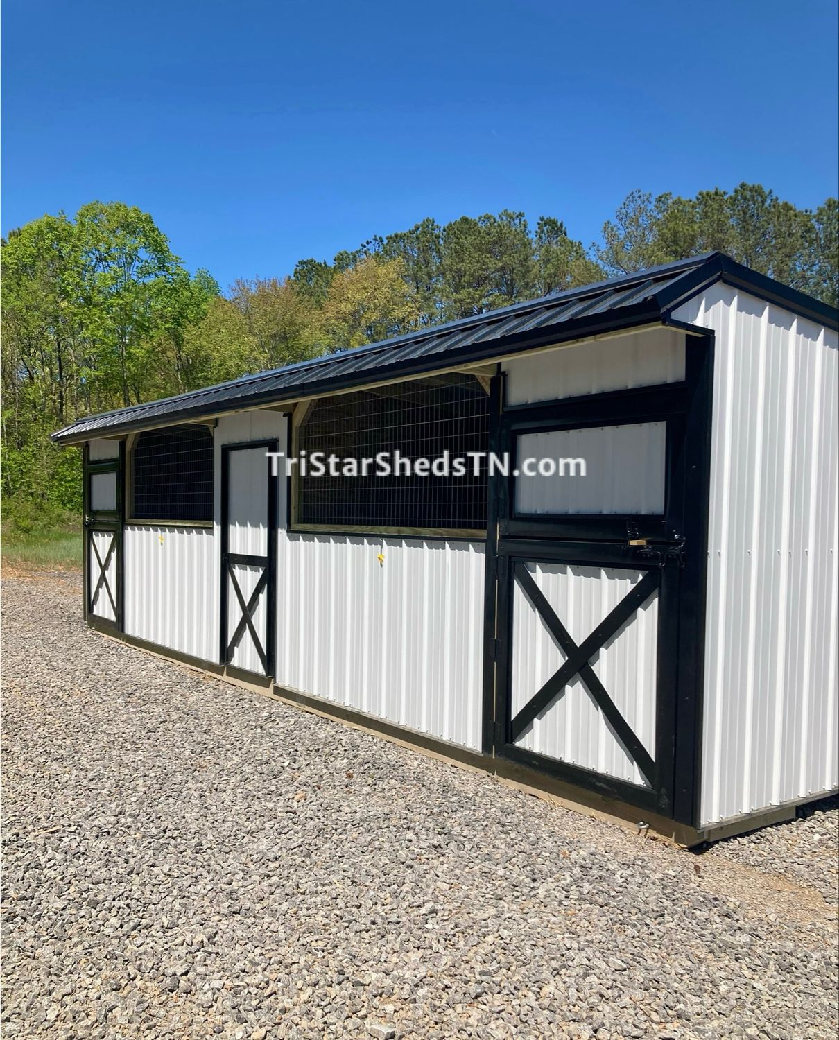 10x30 TWO STALL BARN. Center Feed Room, Horse Panels