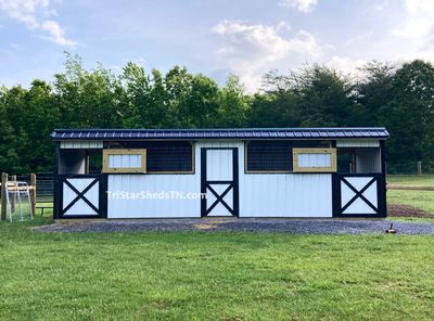 10x30 DELUXE TWO STALL BARN. Center Feed Room, Front Wall Horse Panels
