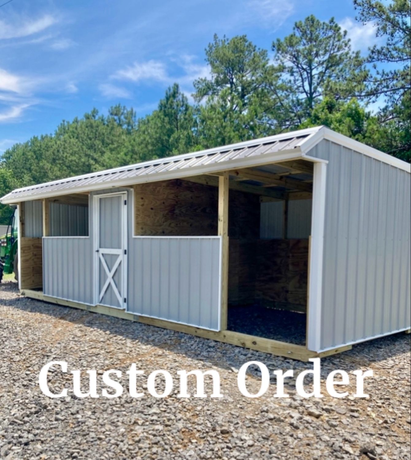 CUSTOM 10x30 TWO STALL BARN. Front Half Walls. Center Feed Room