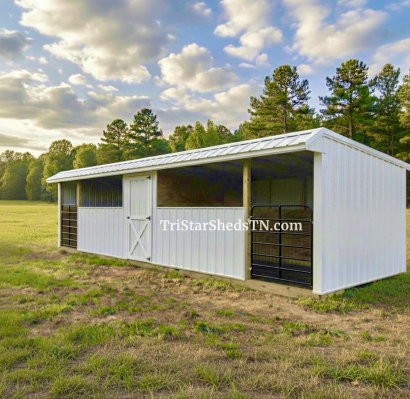 10x30 TWO STALL BARN. Front Half Walls. Center Feed Room