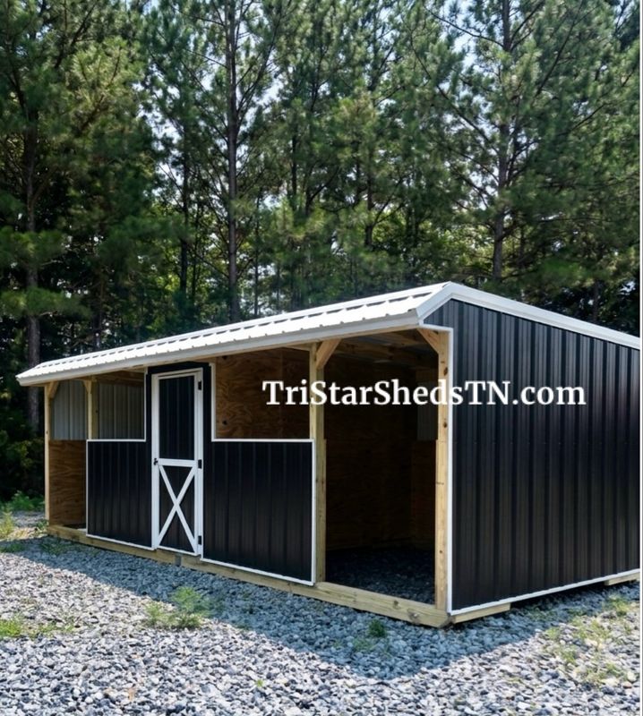 10x24 TWO STALL BARN. HALF WALLS. CENTER FEED ROOM