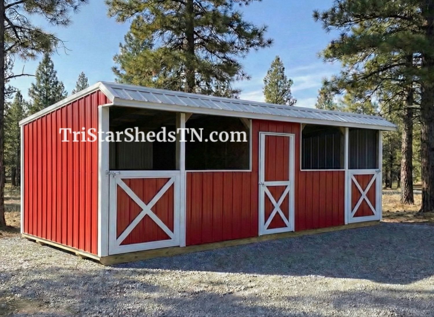 10x24 DELUXE TWO STALL BARN. CENTER FEED ROOM