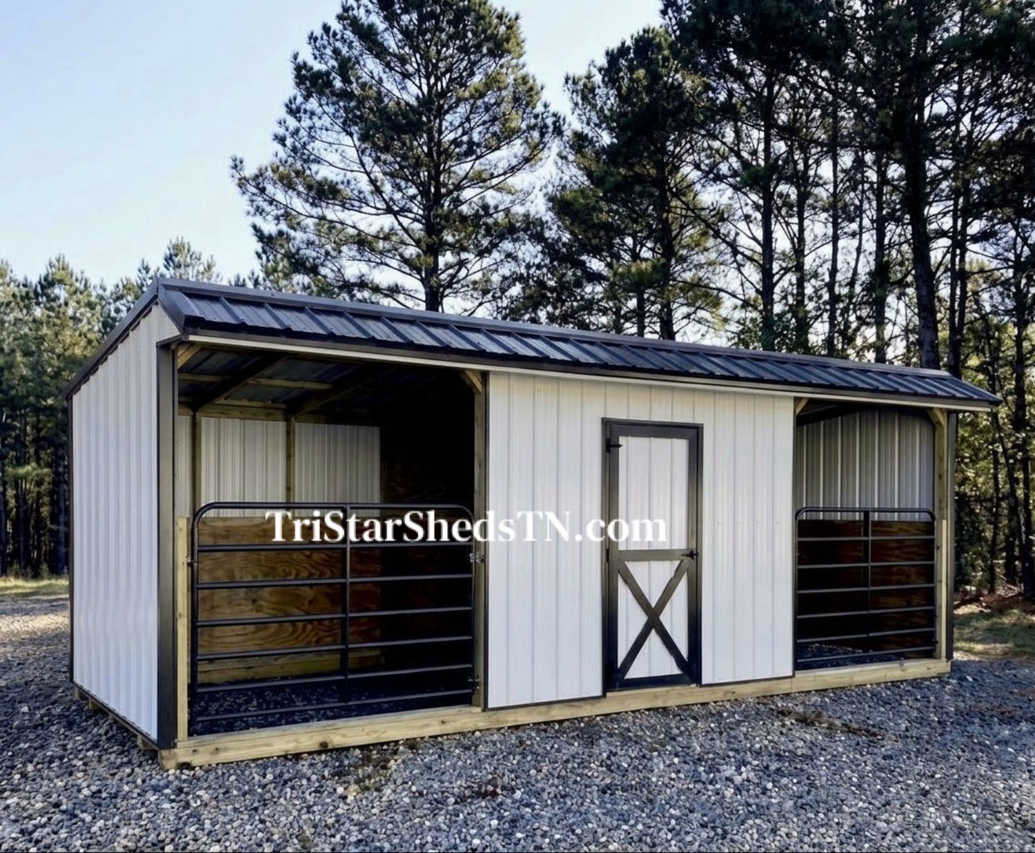 8x24 MINI BARN. With 6’ Gates, Center Feed Room