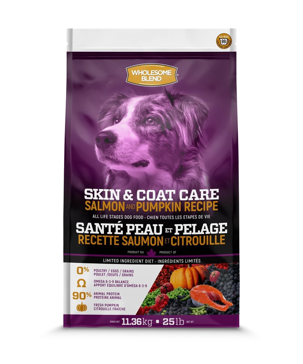 Wholesome Blend - Chien Peau &amp; Pelage / Saumon &amp; citrouille sans grains, Format: 11.36 kg (25 lb)