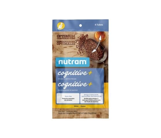 Nutram Combinaisons Optimales - Tubes à lécher sans grains pour chat, paquet de 4 tubes, Saveur: Cognitive+ Chaton Poulet/Saumon