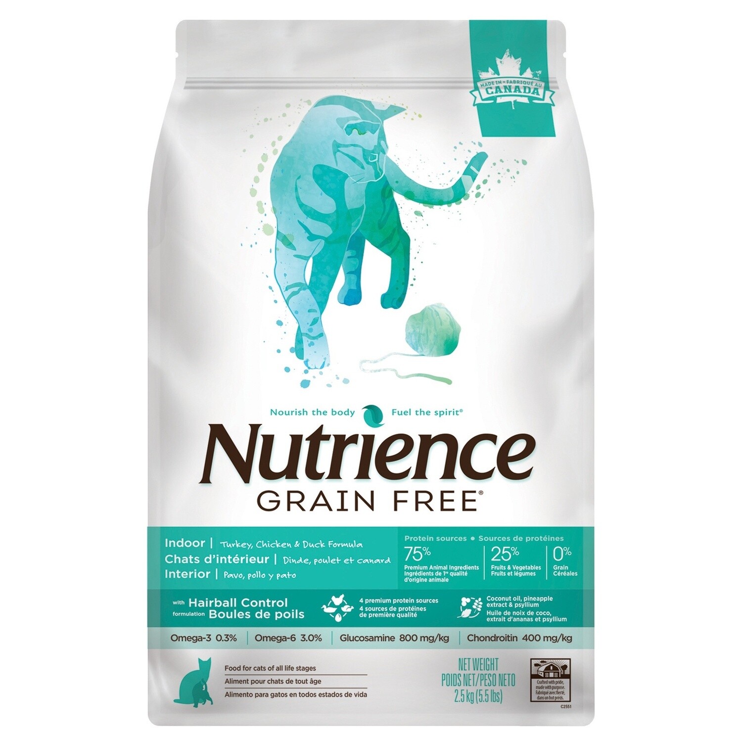 Nutrience - Sans grains - Chat d&#39;intérieur/Dinde, poulet &amp; canard, Format: 2.5 kg (5.5 lb)