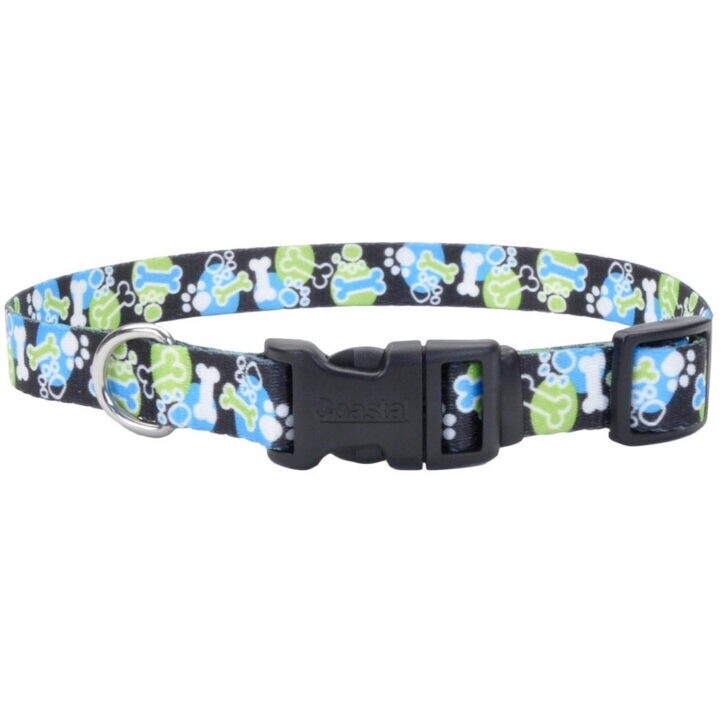Coastal Styles - Collier ajustable pour chien - 5/8&quot; x 10-14&quot;, Couleur: OUT - Os/Bleu/Vert