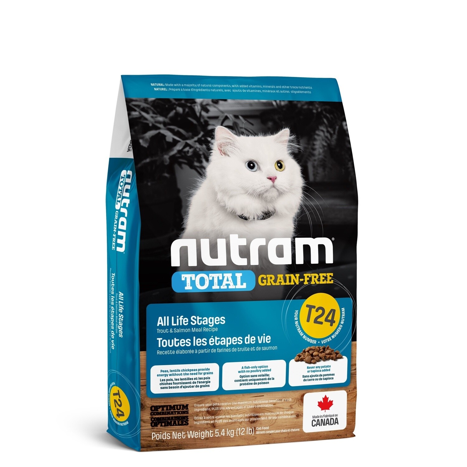 Nutram T24 - Chat toutes étapes de vie / Truite &amp; saumon sans grains, Format: 12lb