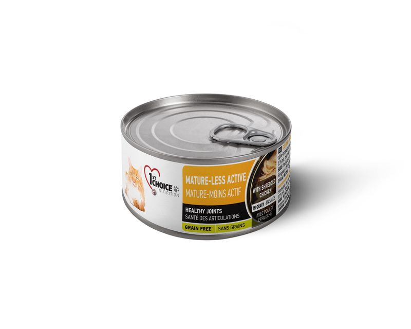 1st Choice conserve pour chat mature &amp; moins actif / Poulet effiloché / 85g