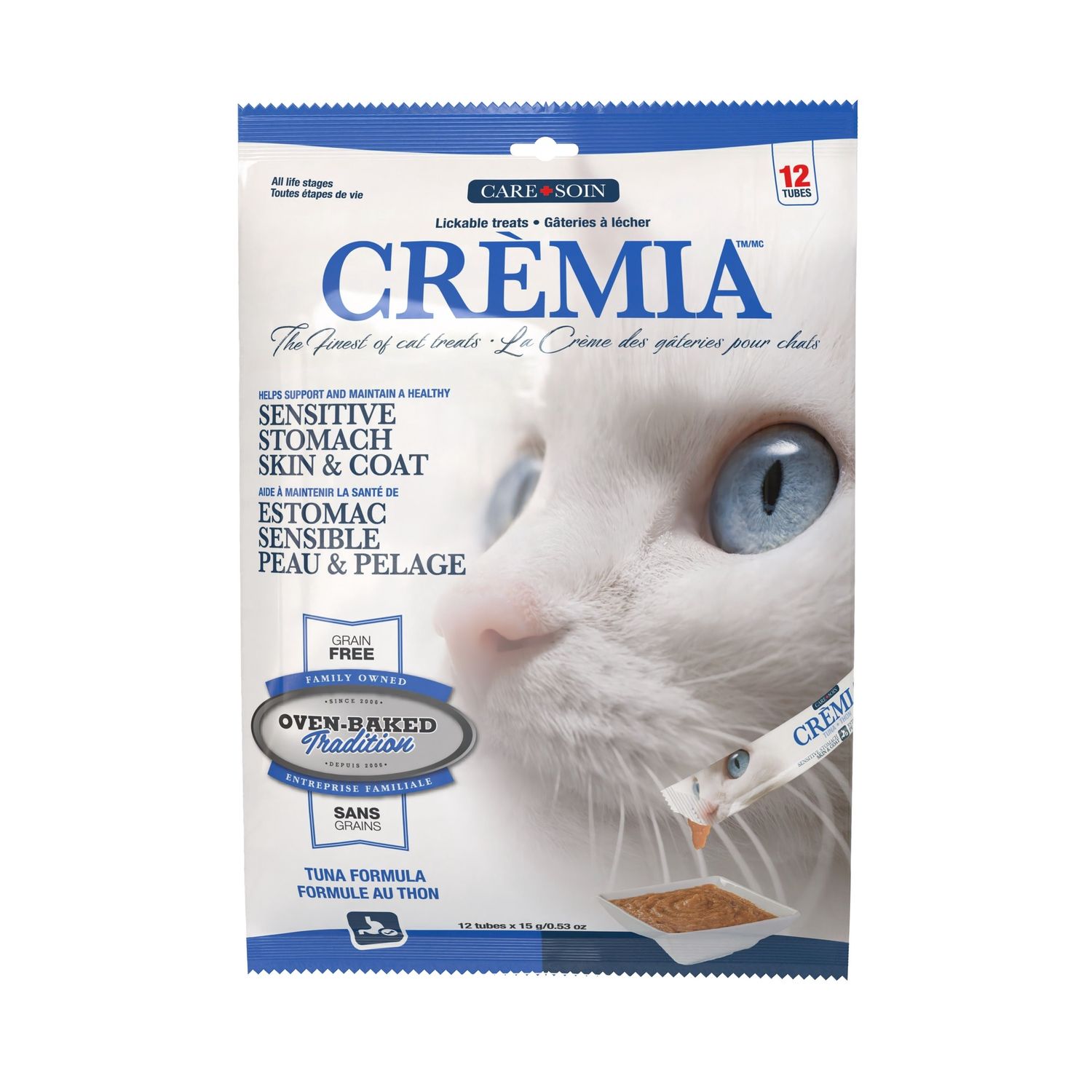 OBT Crèmia - Gâteries à lécher pour chat / Peau et estomac - Thon sans grains / Paquet de 12 x 15g