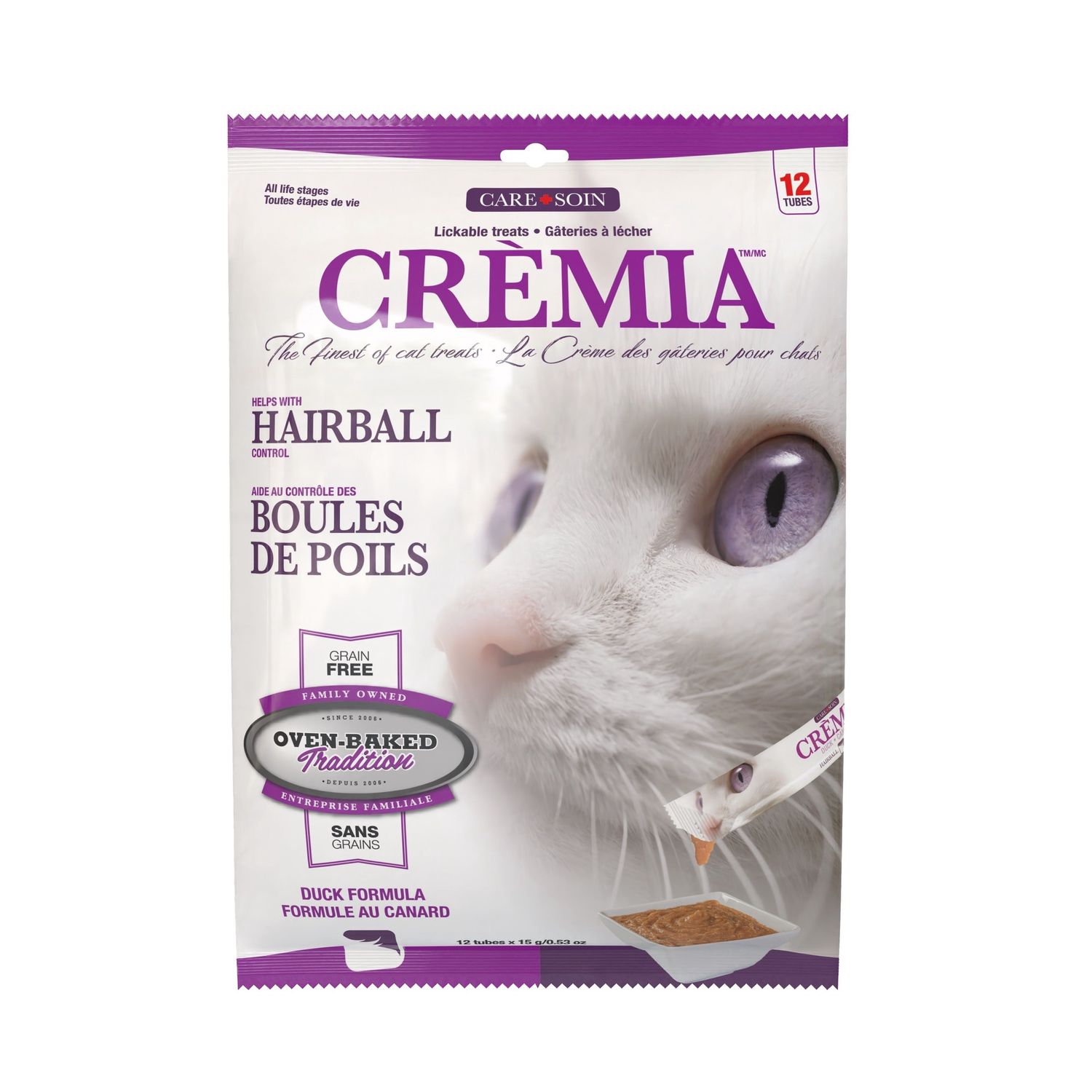 OBT Crèmia - Gâteries à lécher pour chat / Boules de poils - Canard sans grains / 12 x 15g