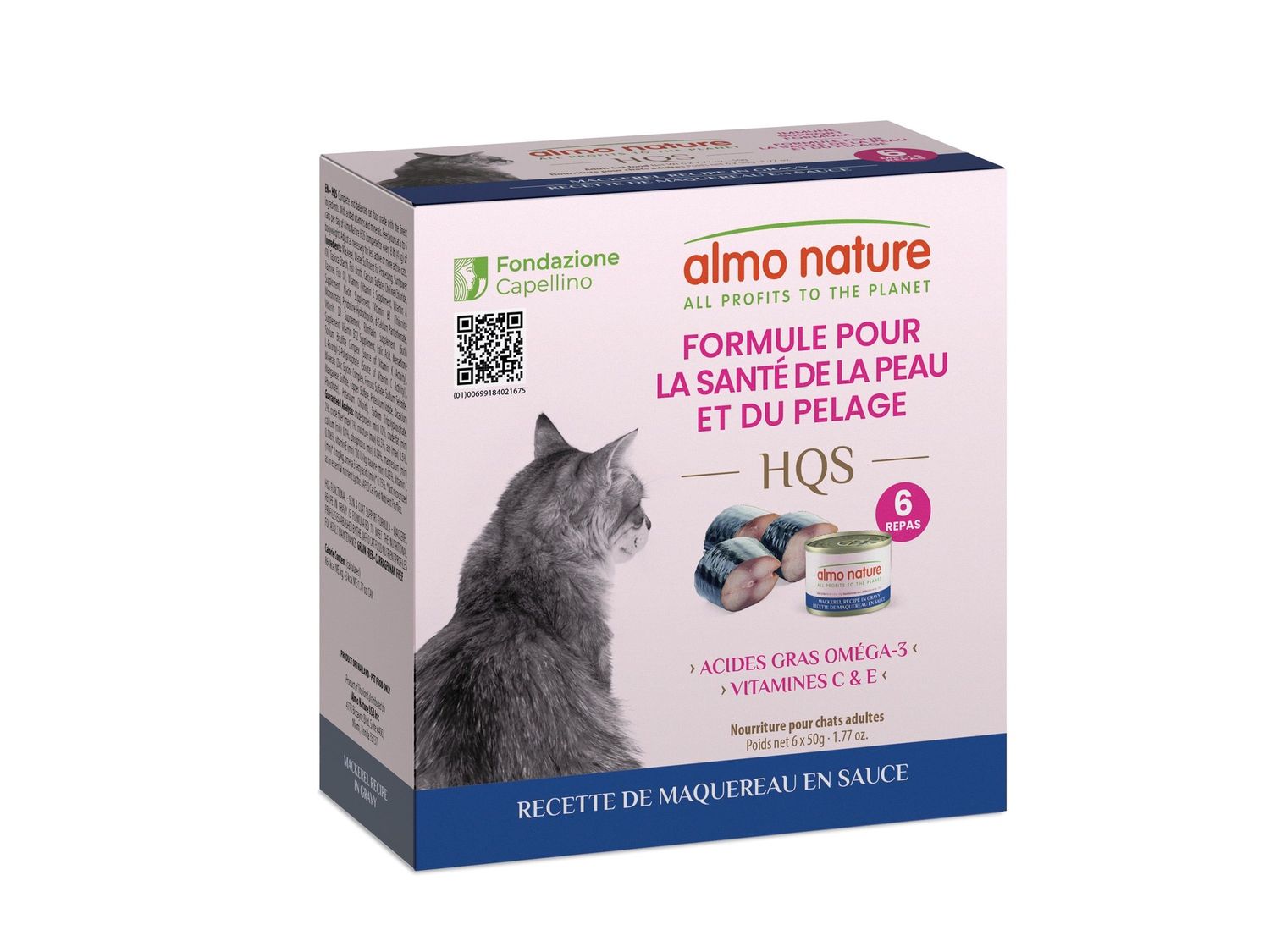 Almo HQS - Nourriture humide pour chat, soutien peau &amp; pelage / Maquereau en sauce - Boîte 6x50 g