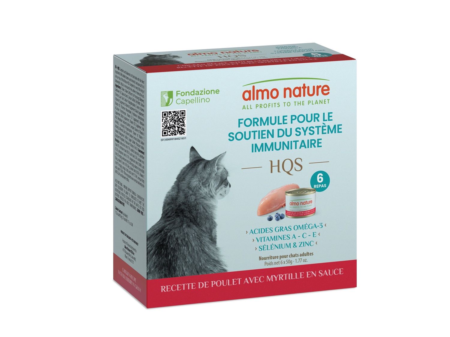 Almo HQS - Nourriture humide pour chat, soutien immunitaire / Poulet + bleuet en sauce - Boîte 6x50 g